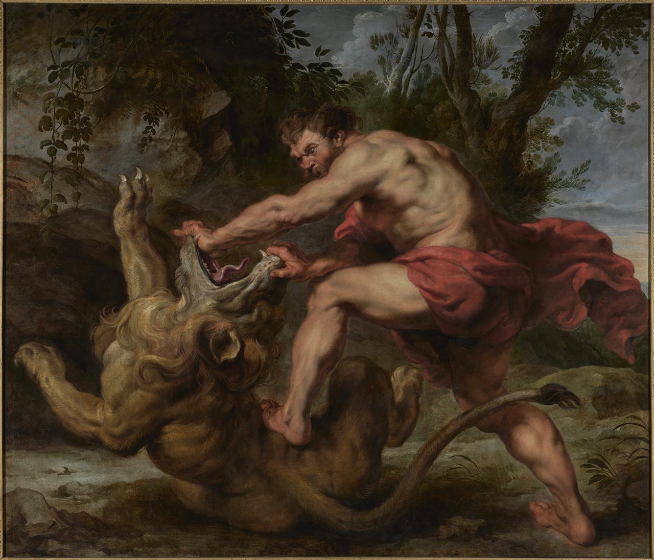 Samson and the Lion oil painting by Peter Paul Rubens. Dynamic Baroque scene showing a powerful Samson tearing apart a lion's jaw. Banco Santander Collection.