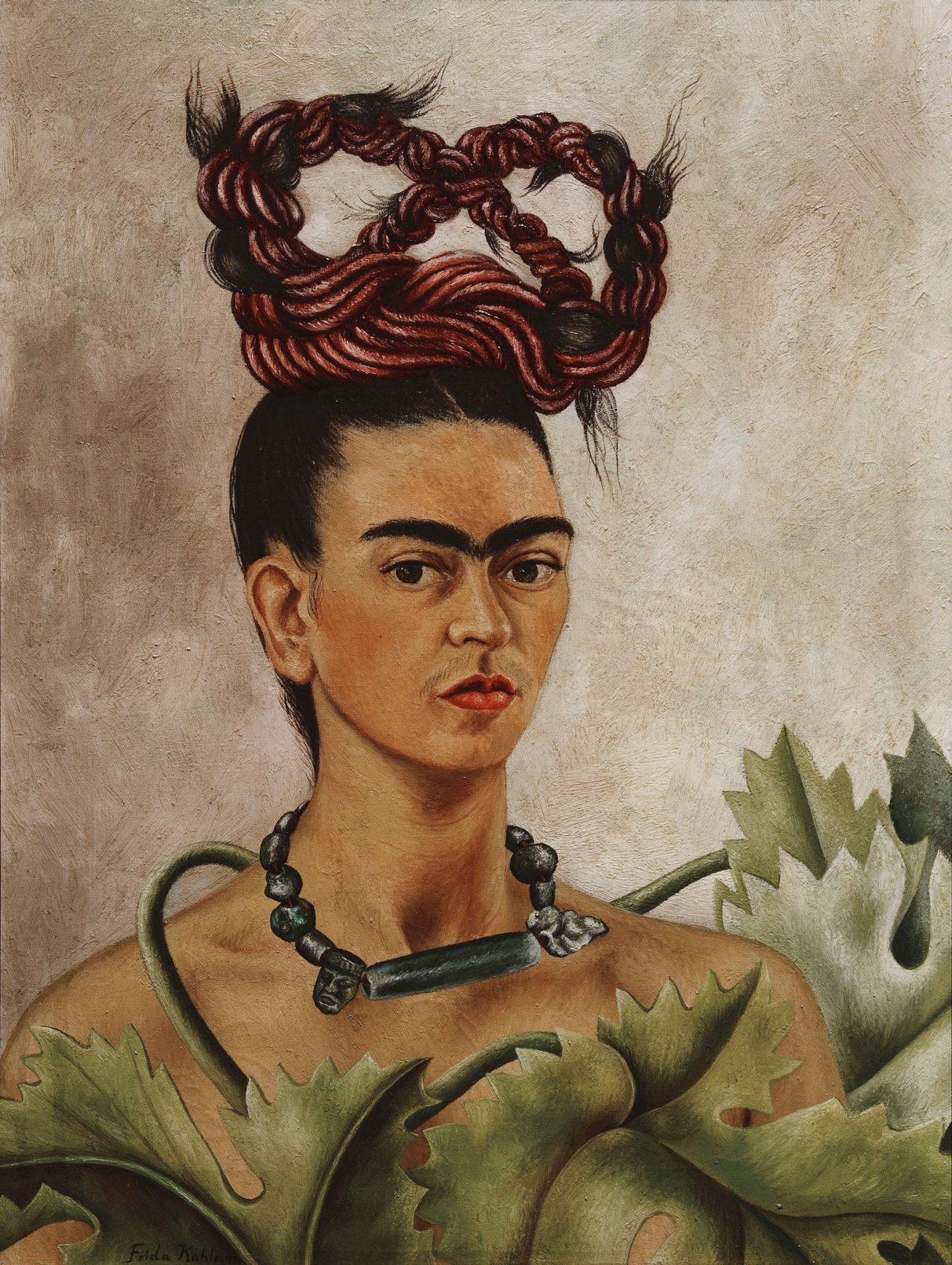 Self-Portrait with Braid painting by Frida Kahlo (1941). The Mexican artist faces forward featuring an intricate figure-of-eight braided hairstyle, a stone necklace, and green leaves in the background.