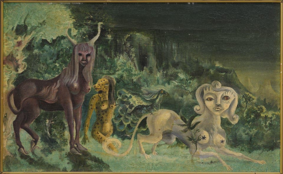 Villa Pilar, painting by Leonora Carrington from 1940 with fantastical figures in a surrealist landscape