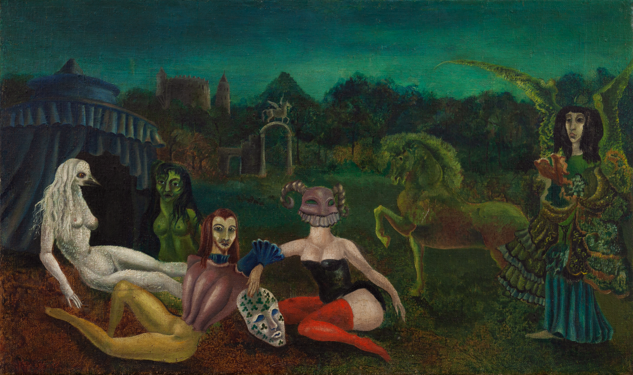 Down Below, a 1940 work by Leonora Carrington, with a group of fantastical figures and hybrid creatures in a surrealist landscape
