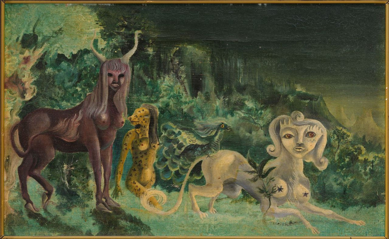 Villa Pilar, painting by Leonora Carrington from 1940 with fantastical figures in a surrealist landscape