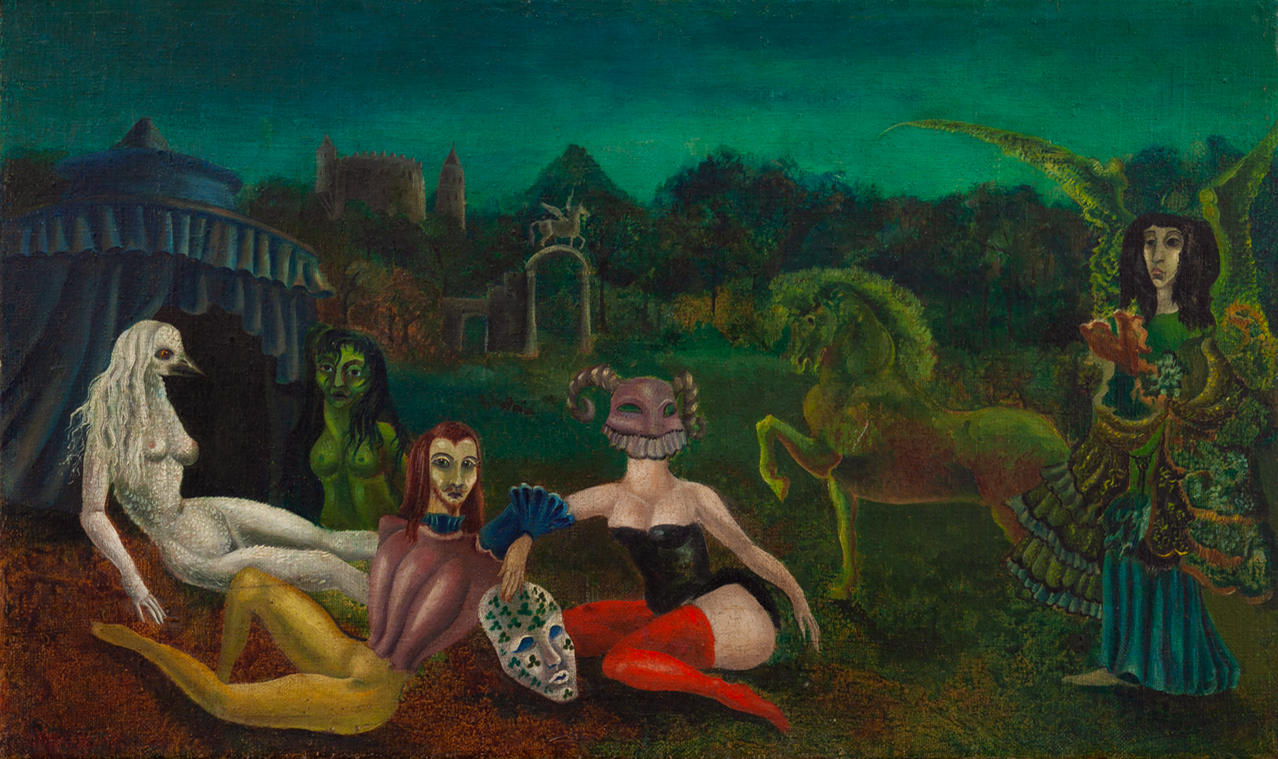 Down Below, a 1940 work by Leonora Carrington, with a group of fantastical figures and hybrid creatures in a surrealist landscape